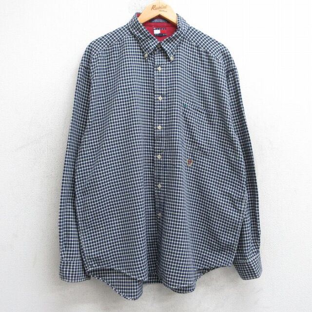 XL★古着 トミーヒルフィガー TOMMY HILFIGER 長袖 ブランド シャツ メンズ 90年代 90s ワンポイントロゴ 大きいサイズ コットン ボタンダウン 紺他 ネイビー チェック 25jul01 中古 トップス