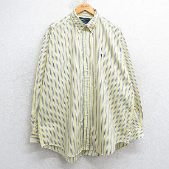 XL★古着 ラルフローレン Ralph Lauren 長袖 ブランド シャツ メンズ 90年代 90s ワンポイントロゴ BLAKE 大きいサイズ ロング丈 コットン ボタンダウン 黄他 イエロー ストライプ 25jul02 中古 トップス