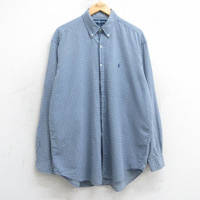 【20%OFF】XL★古着 ラルフローレン Ralph Lauren 長袖 ブランド シャツ メンズ 90年代 90s ワンポイントロゴ BLAKE ロング丈 コットン ボタンダウン 薄紺他 ネイビー チェック 25jul02 中古 トップス
