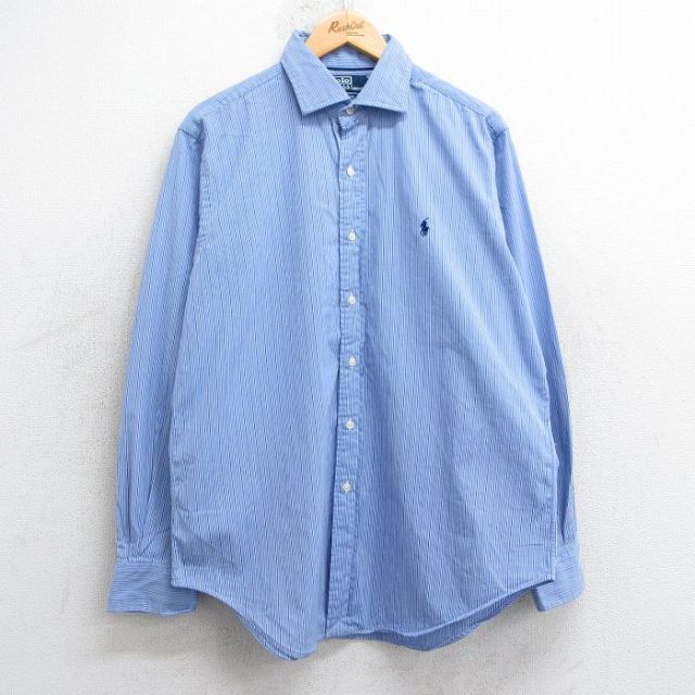 XL★古着 ラルフローレン Ralph Lauren 長袖 ブランド シャツ メンズ 90年代 90s ワンポイントロゴ STANTON コットン 薄紺他 ネイビー ストライプ 25jul02 中古 トップス