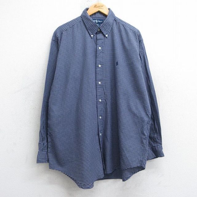 XL★古着 ラルフローレン Ralph Lauren 長袖 ブランド シャツ メンズ 90年代 90s ワンポイントロゴ BLAKE 大きいサイズ ロング丈 コットン ボタンダウン 紺他 ネイビー チェック 25jul02 中古 トップス