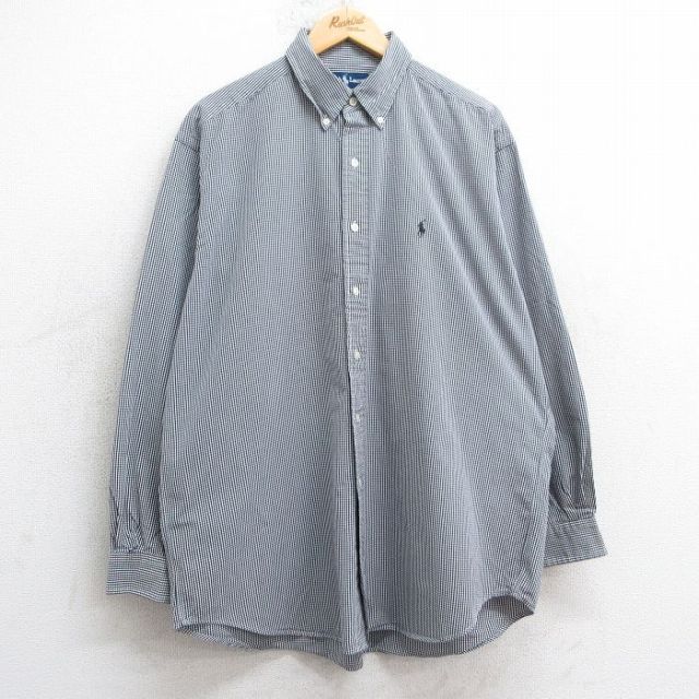 XL★古着 ラルフローレン Ralph Lauren 長袖 ブランド シャツ メンズ 90年代 90s ワンポイントロゴ BLAKE 大きいサイズ ロング丈 コットン ボタンダウン 黒他 ブラック ギンガム チェック 【spe】 25jul02 中古 トップス