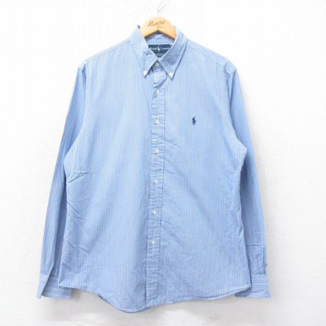 L★古着 ラルフローレン Ralph Lauren 長袖 ブランド シャツ メンズ 90年代 90s ワンポイントロゴ コットン ボタンダウン 薄紺他 ネイビー ストライプ 25jul05 中古 トップス