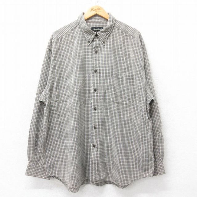 XL★古着 エディーバウアー 長袖 ブランド シャツ メンズ 00年代 00s 大きいサイズ コットン ボタンダウン 薄茶他 ブラウン チェック 25jul05 中古 トップス