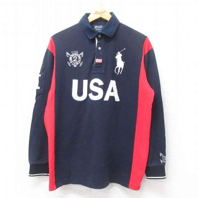 L★古着 ラルフローレン Ralph Lauren 長袖 ブランド ラガー シャツ メンズ ビッグポニー USAロゴ 鹿の子 コットン 紺他 ネイビー 25jul05 中古 トップス