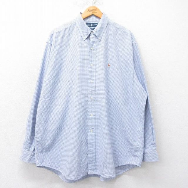 XL★古着 ラルフローレン Ralph Lauren 長袖 ブランド シャツ メンズ 90年代 90s ワンポイントロゴ BLAKE 大きいサイズ コットン ボタンダウン 薄紺他 ネイビー チェック 25jul05 中古 トップス