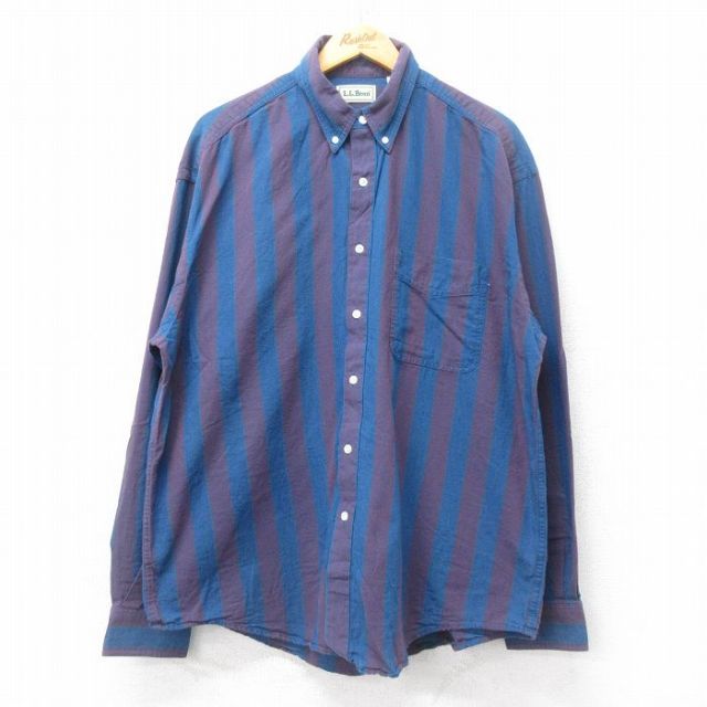 【20%OFF】XL★古着 エルエルビーン LLBEAN 長袖 ブランド シャツ メンズ 90年代 90s 大きいサイズ コットン ボタンダウン カナダ製 紺他 ネイビー ストライプ 【spe】 25jul05 中古 トップス