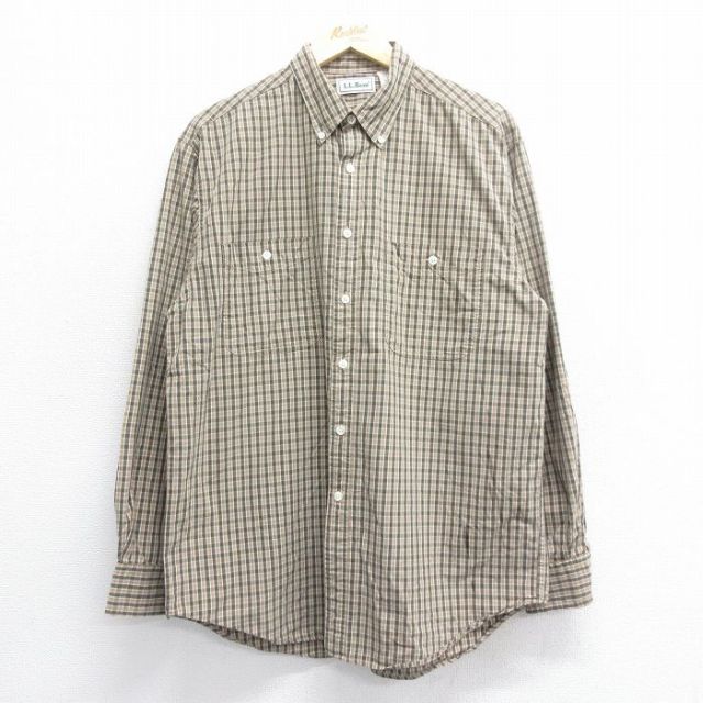 L★古着 エルエルビーン LLBEAN 長袖 ブランド シャツ メンズ 90年代 90s コットン ボタンダウン 茶他 ブラウン チェック 25jul05 中古 トップス