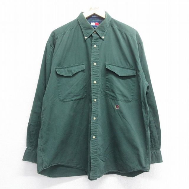 XL★古着 トミーヒルフィガー TOMMY HILFIGER 長袖 ブランド シャツ メンズ 90年代 90s ワンポイントロゴ 大きいサイズ コットン ボタンダウン 緑 グリーン 25jul05 中古 トップス