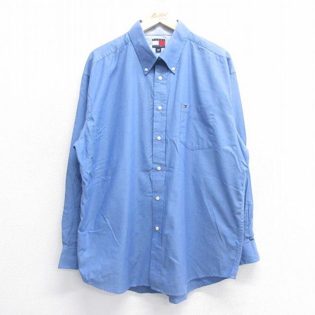XL★古着 トミーヒルフィガー TOMMY HILFIGER 長袖 ブランド シャツ メンズ 90年代 90s ワンポイントロゴ 大きいサイズ コットン ボタンダウン 薄紺 ネイビー 25jul05 中古 トップス