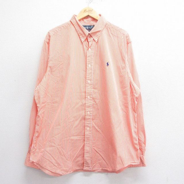 XL★古着 ラルフローレン Ralph Lauren 長袖 ブランド シャツ メンズ 90年代 90s ワンポイントロゴ 大きいサイズ コットン ボタンダウン オレンジ他 ストライプ 25jul05 中古 トップス