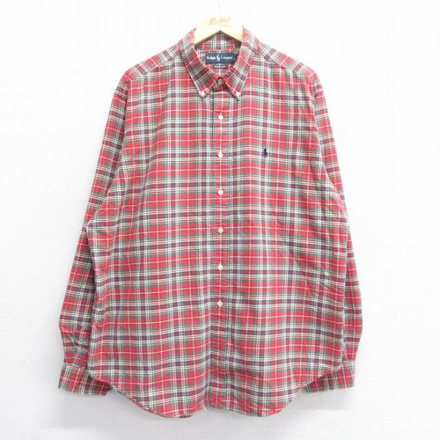 XL★古着 ラルフローレン Ralph Lauren 長袖 ブランド シャツ メンズ 90年代 90s ワンポイントロゴ 大きいサイズ コットン ボタンダウン 赤他 レッド チェック 25jul05 中古 トップス