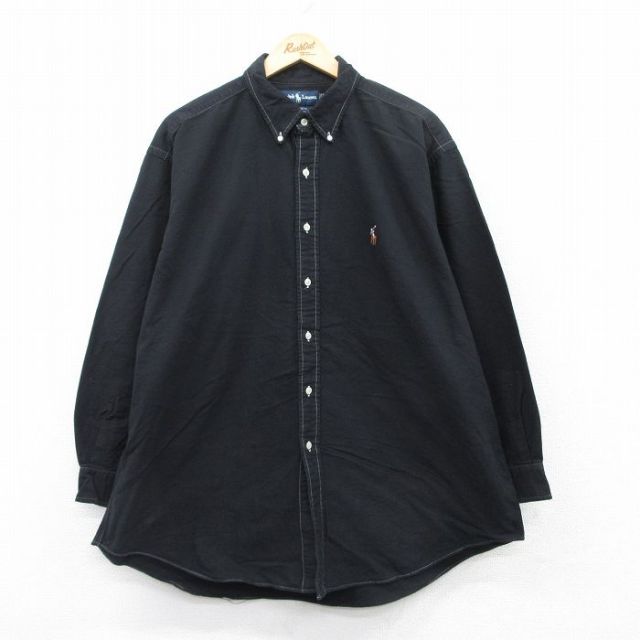 【50%OFF】XL★古着 ラルフローレン Ralph Lauren 長袖 ブランド シャツ メンズ 90年代 90s ワンポイントロゴ オックスフォード YARMOUTH 大きいサイズ コットン ボタンダウン 黒 ブラック 25jul08 中古 トップス