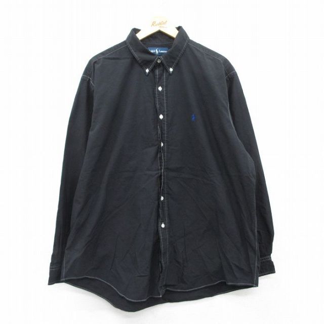 【50%OFF】XL★古着 ラルフローレン Ralph Lauren 長袖 ブランド シャツ メンズ 90年代 90s ワンポイントロゴ 大きいサイズ ロング丈 コットン ボタンダウン 黒 ブラック 25jul08 中古 トップス