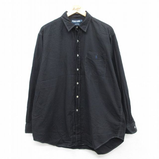 XL★古着 ラルフローレン Ralph Lauren ポロゴルフ 長袖 ブランド シャツ メンズ 90年代 90s ワンポイントロゴ LOFTING 千鳥格子 大きいサイズ ロング丈 コットン 黒 ブラック 25jul08 中古 トップス