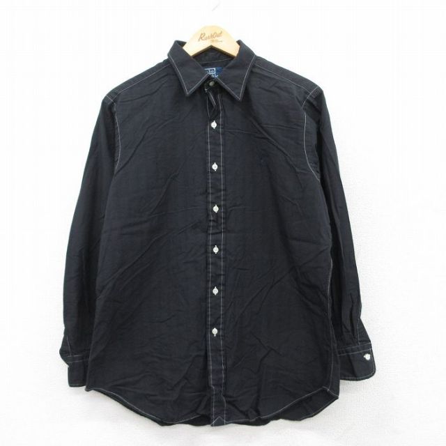 XL★古着 ラルフローレン Ralph Lauren 長袖 ブランド シャツ メンズ 90年代 90s ワンポイントロゴ ANDREW コットン 黒 ブラック ストライプ 25jul08 中古 トップス