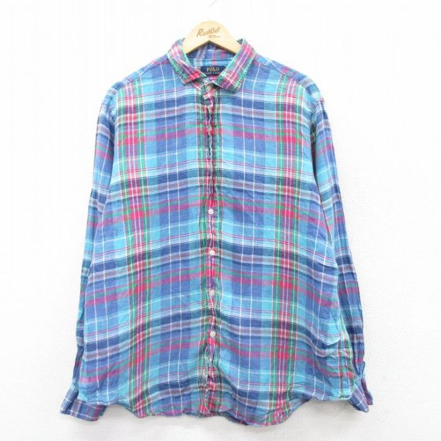 XL★古着 ラルフローレン Ralph Lauren 長袖 ブランド シャツ メンズ 大きいサイズ リネン 水色他 チェック 25jul08 中古 トップス