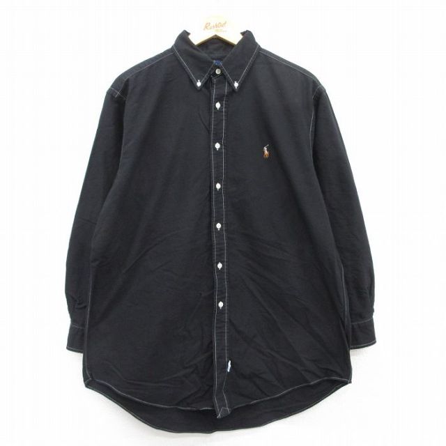 XL★古着 ラルフローレン Ralph Lauren 長袖 ブランド シャツ メンズ 90年代 90s ワンポイントロゴ オックスフォード YARMOUTH コットン ボタンダウン 黒 ブラック 25jul08 中古 トップス