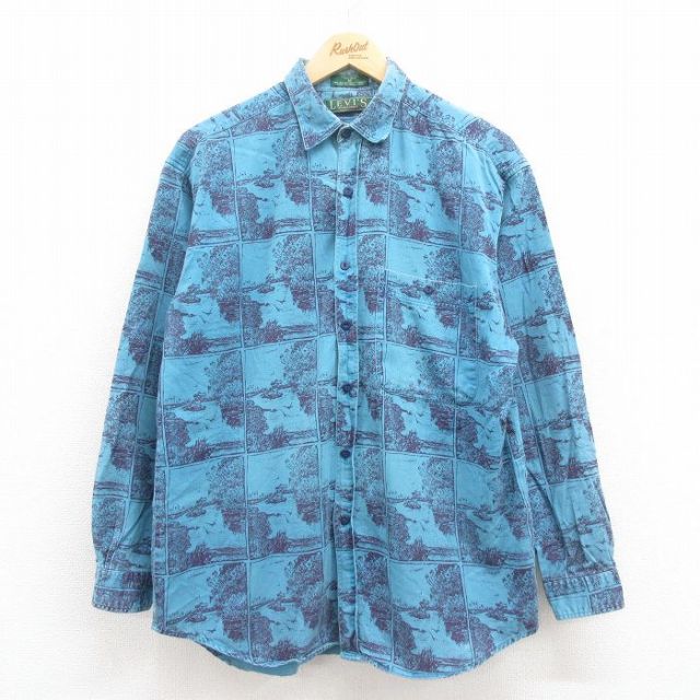 L★古着 リーバイス Levis 長袖 ブランド シャツ メンズ 90年代 90s 鳥 木 コットン 青 ブルー 25jul29 中古 トップス