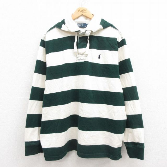 XL★古着 ラルフローレン Ralph Lauren 長袖 ブランド ラガー シャツ パーカー メンズ 90年代 90s ワンポイントロゴ 大きいサイズ コットン 緑 グリーン ボーダー 25jul29 中古 トップス