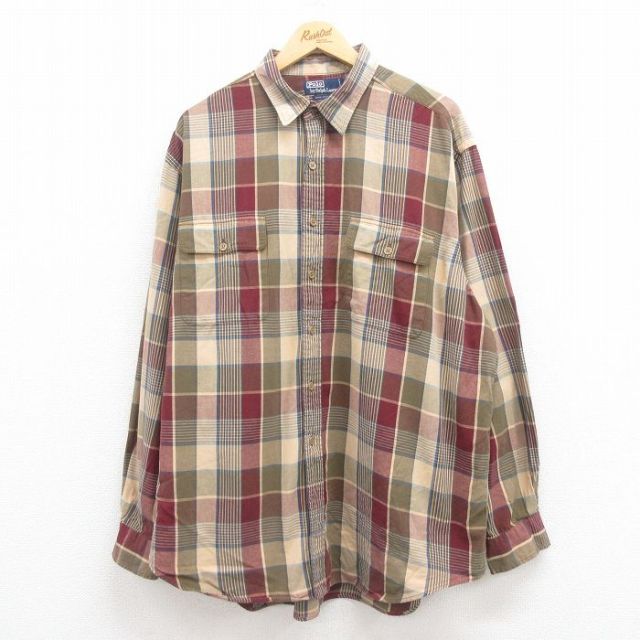 XL★古着 ラルフローレン Ralph Lauren 長袖 ブランド シャツ メンズ 90年代 90s 大きいサイズ コットン エンジ チェック 25jul29 中古 トップス
