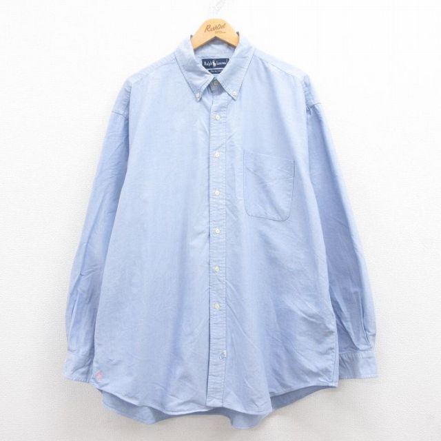 XL★古着 ラルフローレン Ralph Lauren 長袖 ブランド シャツ メンズ 90年代 90s ワンポイントロゴ BIG SHIRT 裾ロゴ 大きいサイズ ロング丈 コットン ボタンダウン 薄紺 ネイビー 【spe】 25jul29 中古 トップス