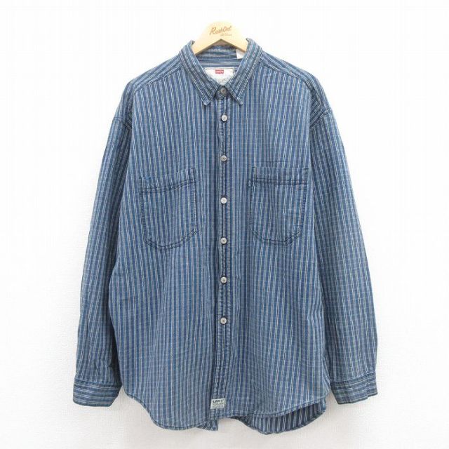 XL★古着 リーバイス Levis 長袖 ブランド シャツ メンズ 00年代 00s 大きいサイズ コットン 紺他 ネイビー ストライプ 【spe】 25jul29 中古 トップス