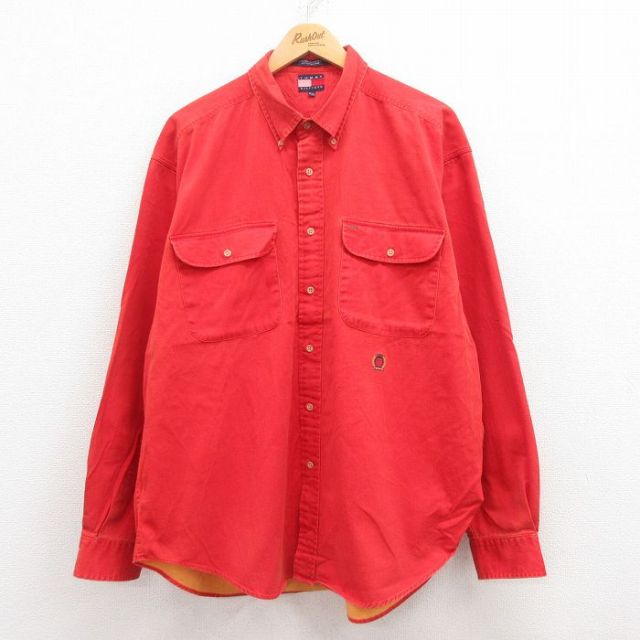 【50%OFF】XL★古着 トミーヒルフィガー TOMMY HILFIGER 長袖 ブランド シャツ メンズ 90年代 90s ワンポイントロゴ 大きいサイズ コットン ボタンダウン オレンジ 25jul30 中古 トップス