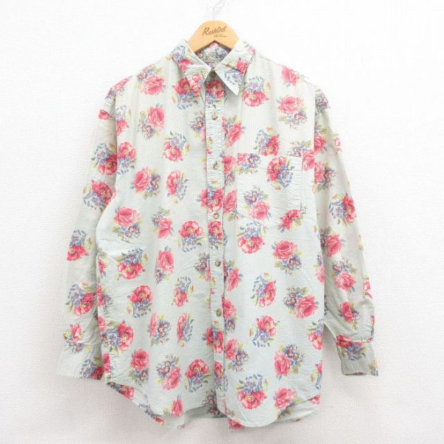 XL★古着 ラルフローレン Ralph Lauren ポロカントリー 長袖 ブランド シャツ メンズ 90年代 90s 花柄 コットン 薄緑他 グリーン 【spe】 25jul30 中古 トップス