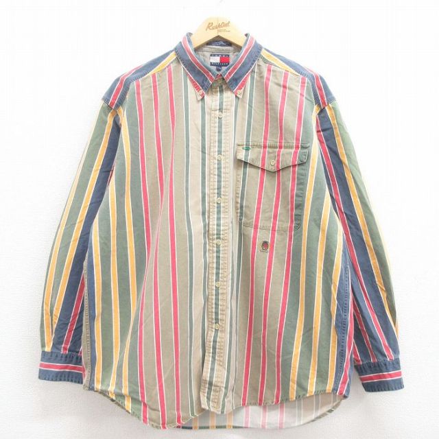 【50%OFF】XL★古着 トミーヒルフィガー TOMMY HILFIGER 長袖 ブランド シャツ メンズ 90年代 90s ワンポイントロゴ マルチカラー コットン ボタンダウン ベージュ他 カーキ ストライプ 25aug02 中古 トップス