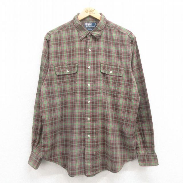 XL★古着 ラルフローレン Ralph Lauren 長袖 ブランド シャツ メンズ 90年代 90s ワンポイントロゴ コットン ボタンダウン 緑他 グリーン チェック 25aug02 中古 トップス