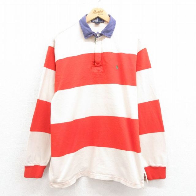 XL★古着 ラルフローレン Ralph Lauren 長袖 ブランド ラガー シャツ メンズ 90年代 90s ワンポイントロゴ 大きいサイズ コットン オレンジ ボーダー 25aug09 中古 トップス