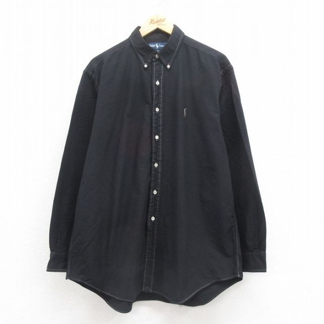 【50%OFF】XL★古着 ラルフローレン Ralph Lauren 長袖 ブランド シャツ メンズ 90年代 90s ワンポイントロゴ YARMOUTH オックスフォード コットン ボタンダウン 黒 ブラック 25aug09 中古 トップス