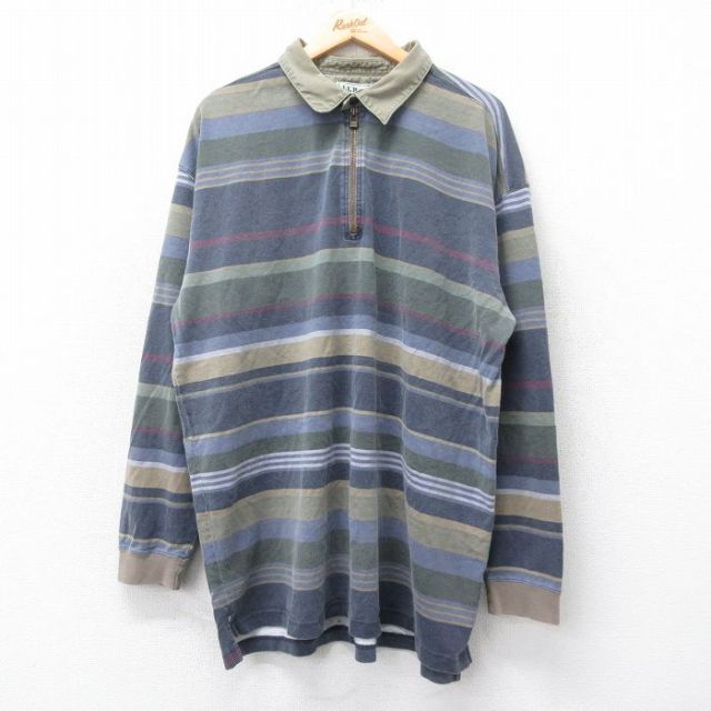 【50%OFF】XL★古着 エルエルビーン LLBEAN 長袖 ブランド ハーフジップ トップス ロング丈 コットン 紺他 ネイビー ボーダー 【spe】 25aug12 中古 メンズ