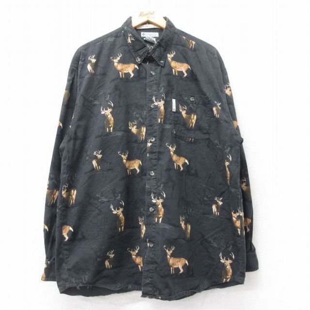 XL★古着 コロンビア COLUMBIA 長袖 ブランド シャツ メンズ 00年代 00s シカ ロング丈 コットン ボタンダウン 黒 ブラック 25aug12 中古 トップス