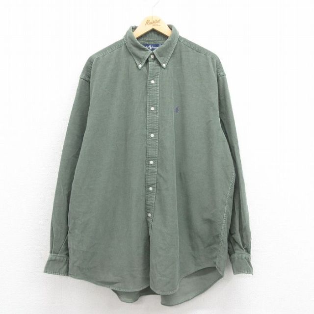 XL★古着 ラルフローレン Ralph Lauren 長袖 ブランド シャツ メンズ 90年代 90s ワンポイントロゴ BLAIRE 大きいサイズ ロング丈 コーデュロイ コットン ボタンダウン 緑 グリーン 【spe】 25aug18 中古 トップス
