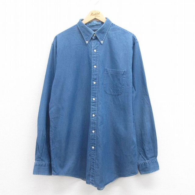 XL★古着 ランズエンド 長袖 ブランド シャツ メンズ 大きいサイズ ロング丈 コットン ボタンダウン 紺 ネイビー デニム 25aug18 中古 トップス