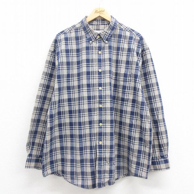 【50%OFF】XL★古着 エディーバウアー 長袖 ブランド シャツ メンズ 00年代 00s 大きいサイズ ロング丈 コットン ボタンダウン 紺他 ネイビー チェック 25aug18 中古 トップス