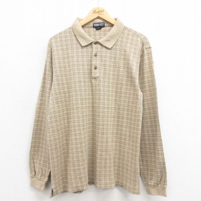 L★古着 ランズエンド 長袖 ブランド ポロ シャツ メンズ コットン ベージュ他 カーキ チェック 25aug18 中古 トップス