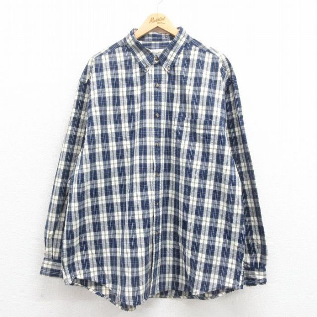 XL★古着 エディーバウアー 長袖 ブランド シャツ メンズ 00年代 00s 大きいサイズ コットン ボタンダウン 紺他 ネイビー チェック 25aug18 中古 トップス
