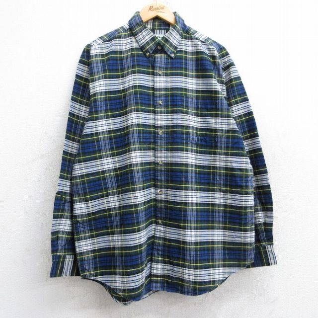 【20%OFF】XL★古着 エルエルビーン LLBEAN 長袖 ブランド シャツ メンズ 90年代 90s オックスフォード ロング丈 コットン ボタンダウン 緑他 グリーン チェック 25aug18 中古 トップス