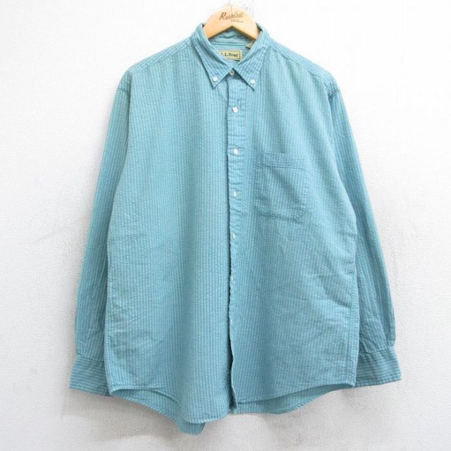 【20%OFF】XL★古着 エルエルビーン LLBEAN 長袖 ブランド シャツ メンズ 90年代 90s シアサッカー コットン 緑他 グリーン ストライプ 25aug18 中古 トップス