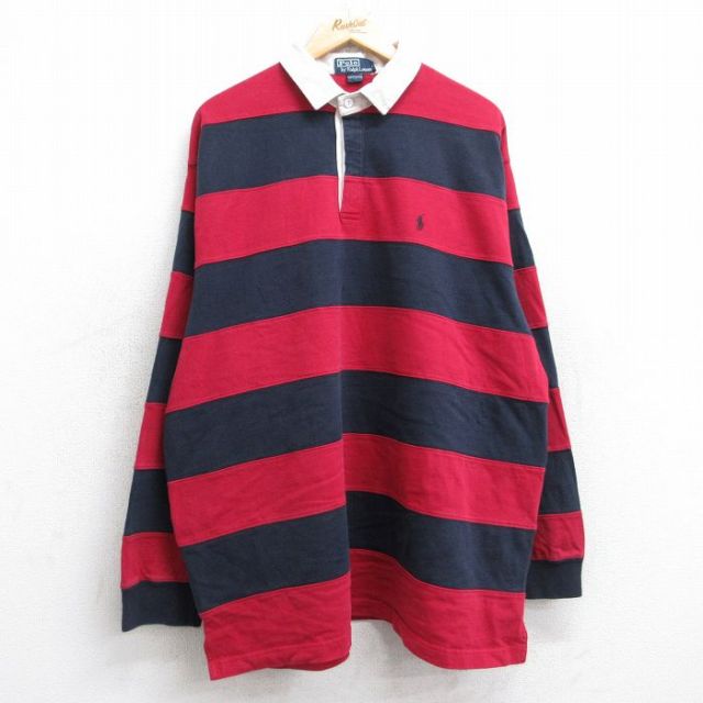 XL★古着 ラルフローレン Ralph Lauren 長袖 ブランド ラガー シャツ メンズ 90年代 90s ワンポイントロゴ 大きいサイズ ロング丈 コットン 赤他 レッド ボーダー 25aug18 中古 トップス