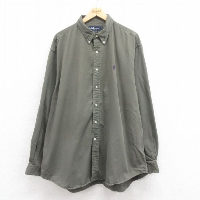 【50%OFF】XL★古着 ラルフローレン Ralph Lauren 長袖 ブランド シャツ メンズ 90年代 90s ワンポイントロゴ 大きいサイズ ロング丈 コットン ボタンダウン 緑 グリーン 25aug18 中古 トップス