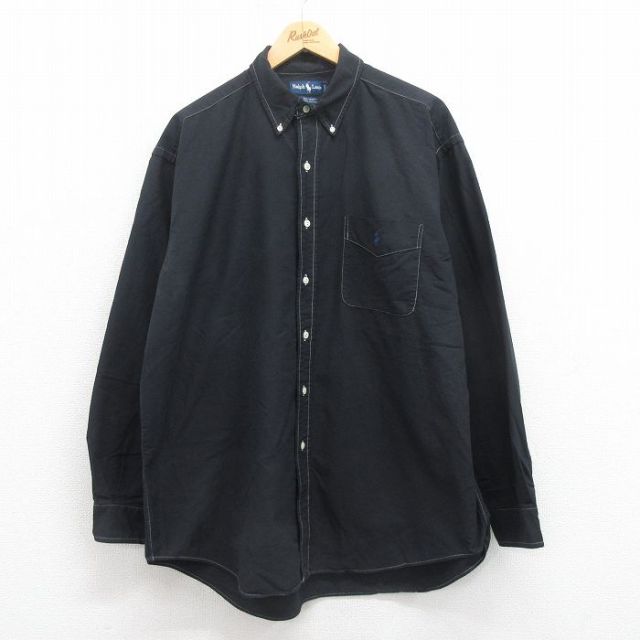 【50%OFF】XL★古着 ラルフローレン Ralph Lauren 長袖 ブランド シャツ メンズ 90年代 90s ワンポイントロゴ BIG SHIRT 大きいサイズ コットン ボタンダウン 黒 ブラック 【spe】 25aug18 中古 トップス