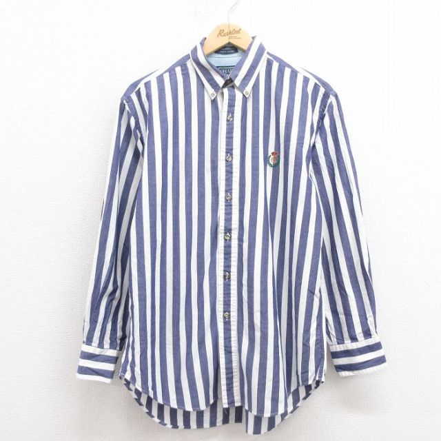 【20%OFF】L★古着 ラルフローレン Ralph Lauren チャップス 長袖 ブランド シャツ メンズ 80年代 80s ワンポイントロゴ コットン ボタンダウン 紺 ネイビー ストライプ 25aug19 中古 トップス