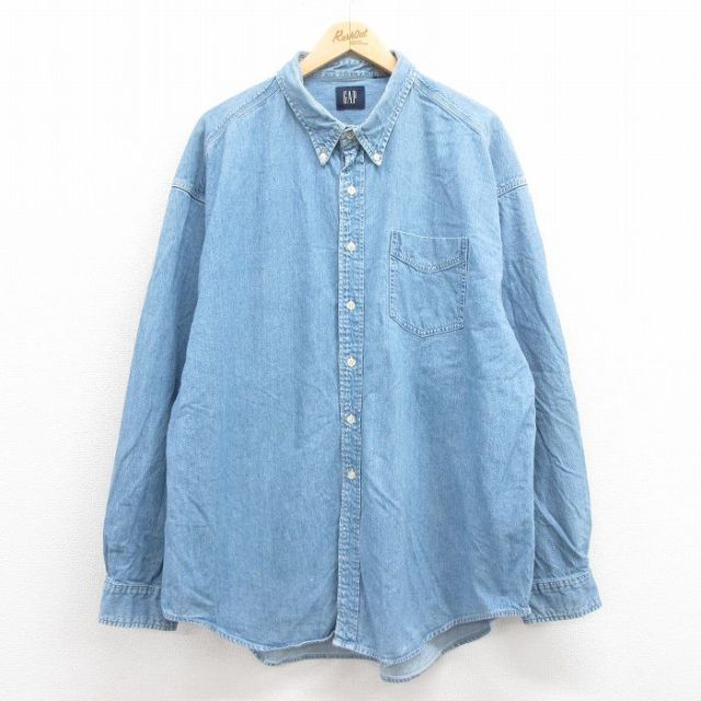 XL★古着ギャップ GAP 長袖 ブランド シャツ メンズ 00年代 00s 大きいサイズ ロング丈 コットン ボタンダウン 紺 ネイビー デニム 【spe】 25aug19 中古 トップス