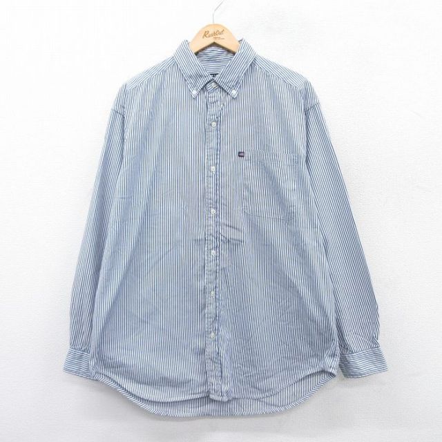【50%OFF】XL★古着 ラルフローレン Ralph Lauren ポロジーンズ 長袖 ブランド シャツ メンズ 00年代 00s 大きいサイズ ロング丈 コットン ボタンダウン 紺他 ネイビー ストライプ 25aug22 中古 トップス