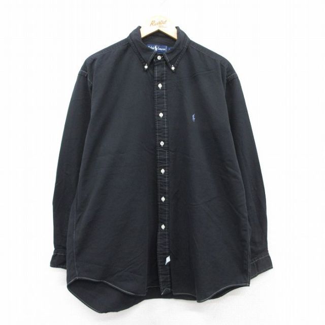 XL★古着 ラルフローレン Ralph Lauren 長袖 ブランド シャツ メンズ 90年代 90s ワンポイントロゴ ロング丈 大きいサイズ コットン ボタンダウン 黒 ブラック 【spe】 25aug22 中古 トップス