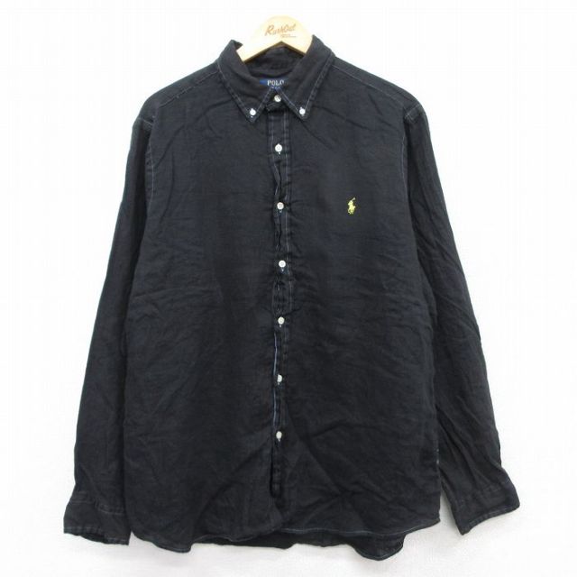 XL★古着 ラルフローレン Ralph Lauren 長袖 ブランド シャツ メンズ ワンポイントロゴ リネン ボタンダウン 黒 ブラック 25aug22 中古 トップス